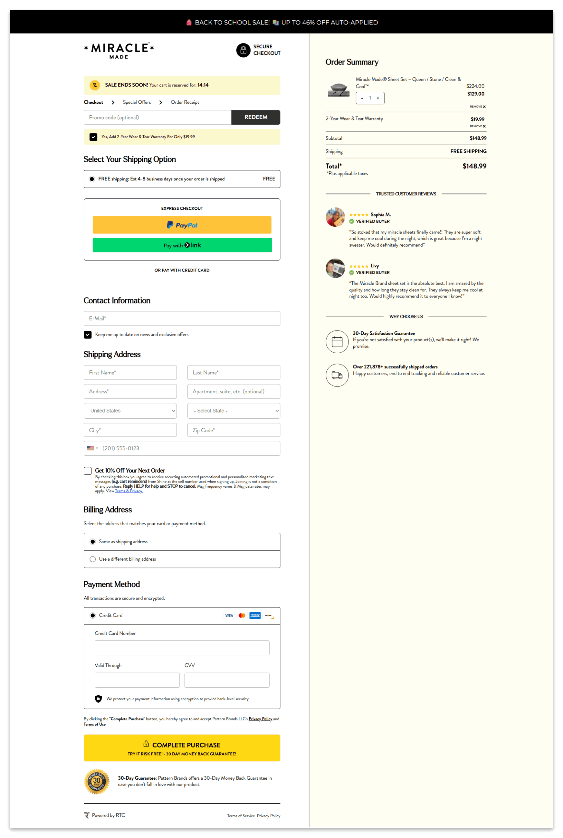 Miracle Sheets Secure checkout page